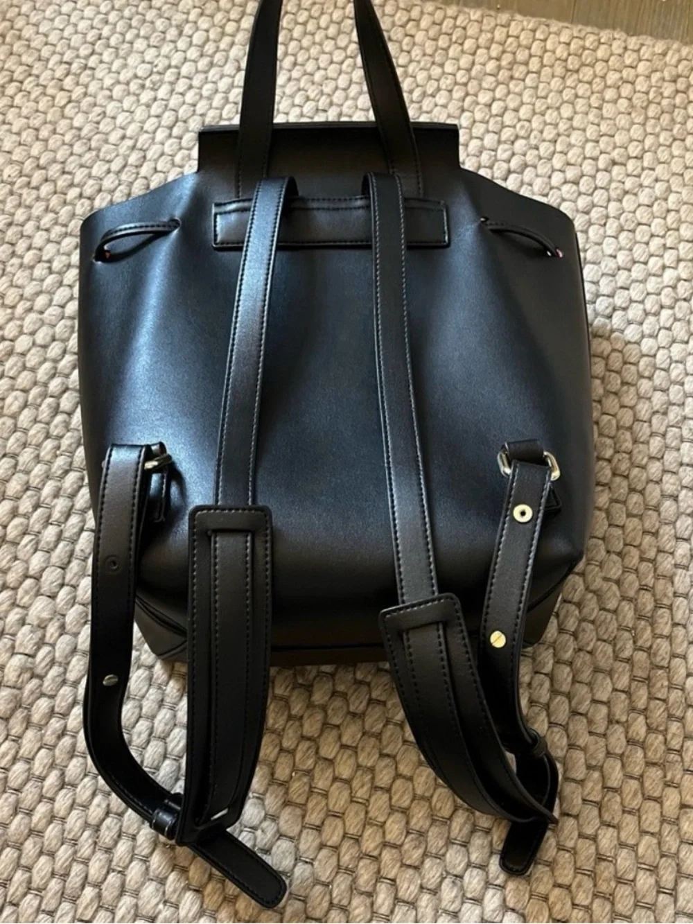 Mansur Gavriel Black Smooth Leather Backpack with Subtle Red Trim